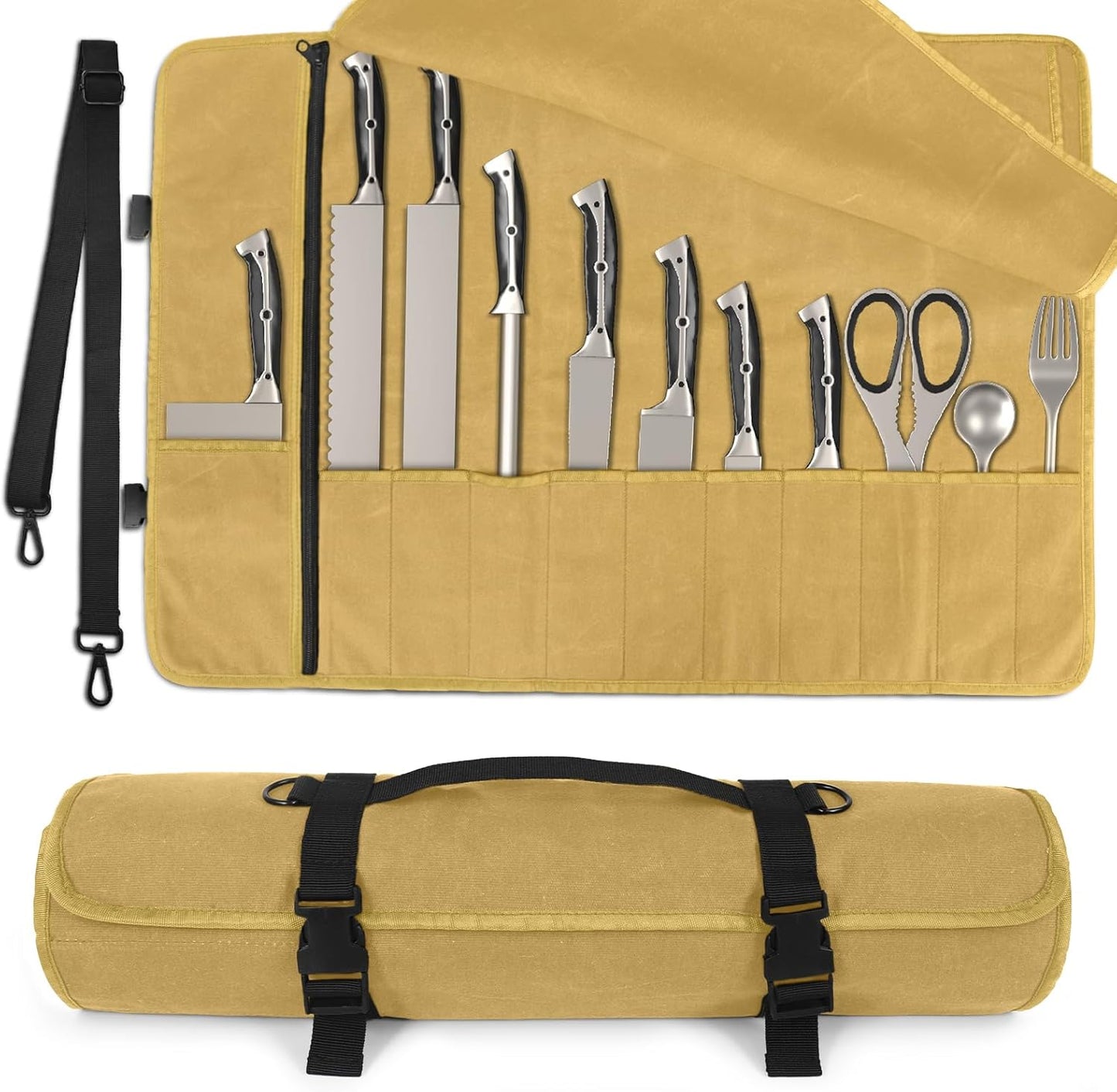 Upgraded Chef Knife Roll Bag, Waterproof Waxed Canvas Knife Case Holds Size Up to 18'', Portable Knife Holder with 11 Slots for Knives with Adjustable Strap, Gift for Beginner or Pro