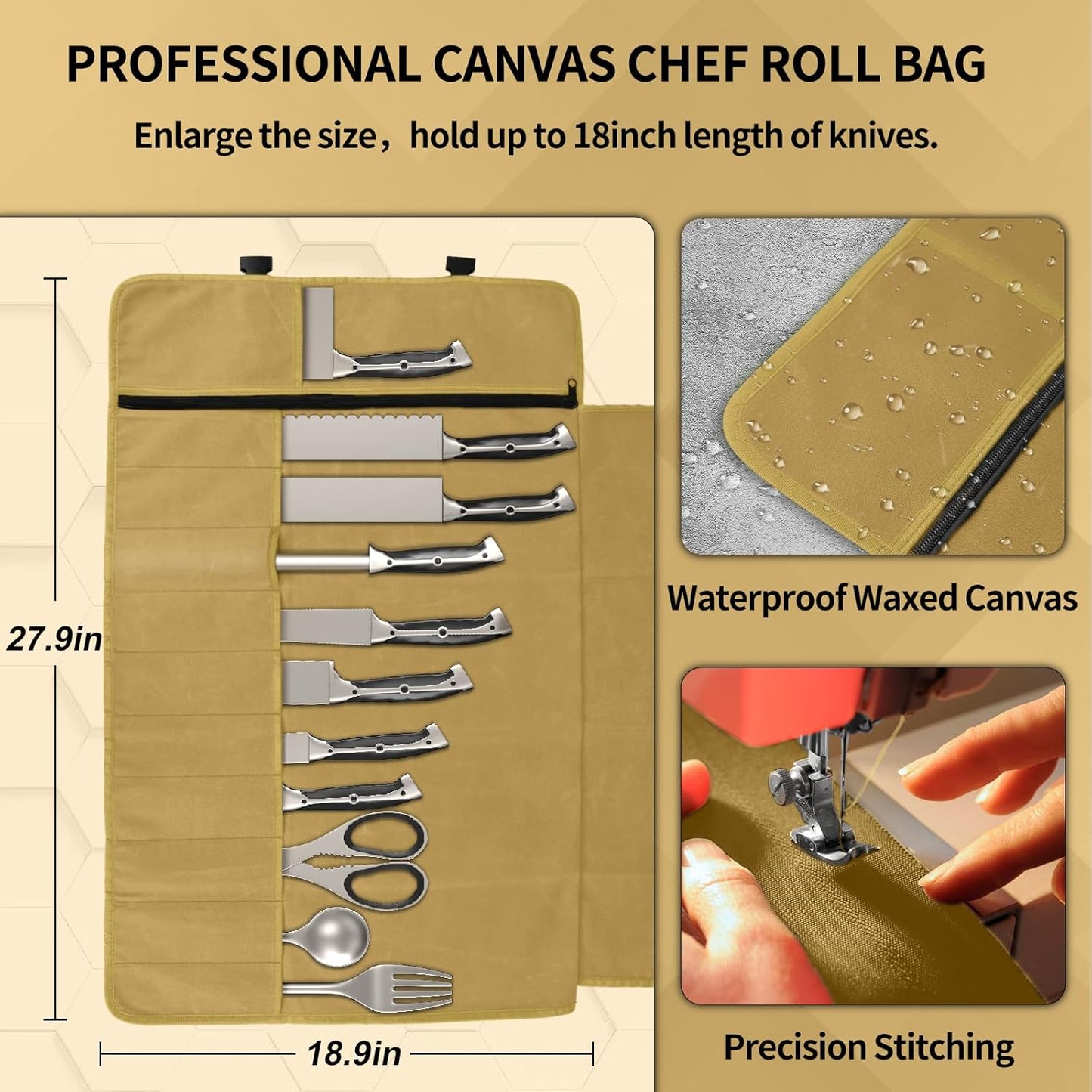 Upgraded Chef Knife Roll Bag, Waterproof Waxed Canvas Knife Case Holds Size Up to 18'', Portable Knife Holder with 11 Slots for Knives with Adjustable Strap, Gift for Beginner or Pro