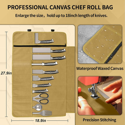 Upgraded Chef Knife Roll Bag, Waterproof Waxed Canvas Knife Case Holds Size Up to 18'', Portable Knife Holder with 11 Slots for Knives with Adjustable Strap, Gift for Beginner or Pro