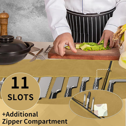 Upgraded Chef Knife Roll Bag, Waterproof Waxed Canvas Knife Case Holds Size Up to 18'', Portable Knife Holder with 11 Slots for Knives with Adjustable Strap, Gift for Beginner or Pro