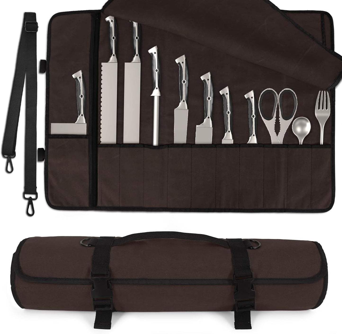 Upgraded Chef Knife Roll Bag, Waterproof Waxed Canvas Knife Case Holds Size Up to 18'', Portable Knife Holder with 11 Slots for Knives with Adjustable Strap, Gift for Beginner or Pro