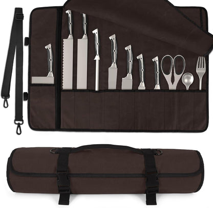 Upgraded Chef Knife Roll Bag, Waterproof Waxed Canvas Knife Case Holds Size Up to 18'', Portable Knife Holder with 11 Slots for Knives with Adjustable Strap, Gift for Beginner or Pro