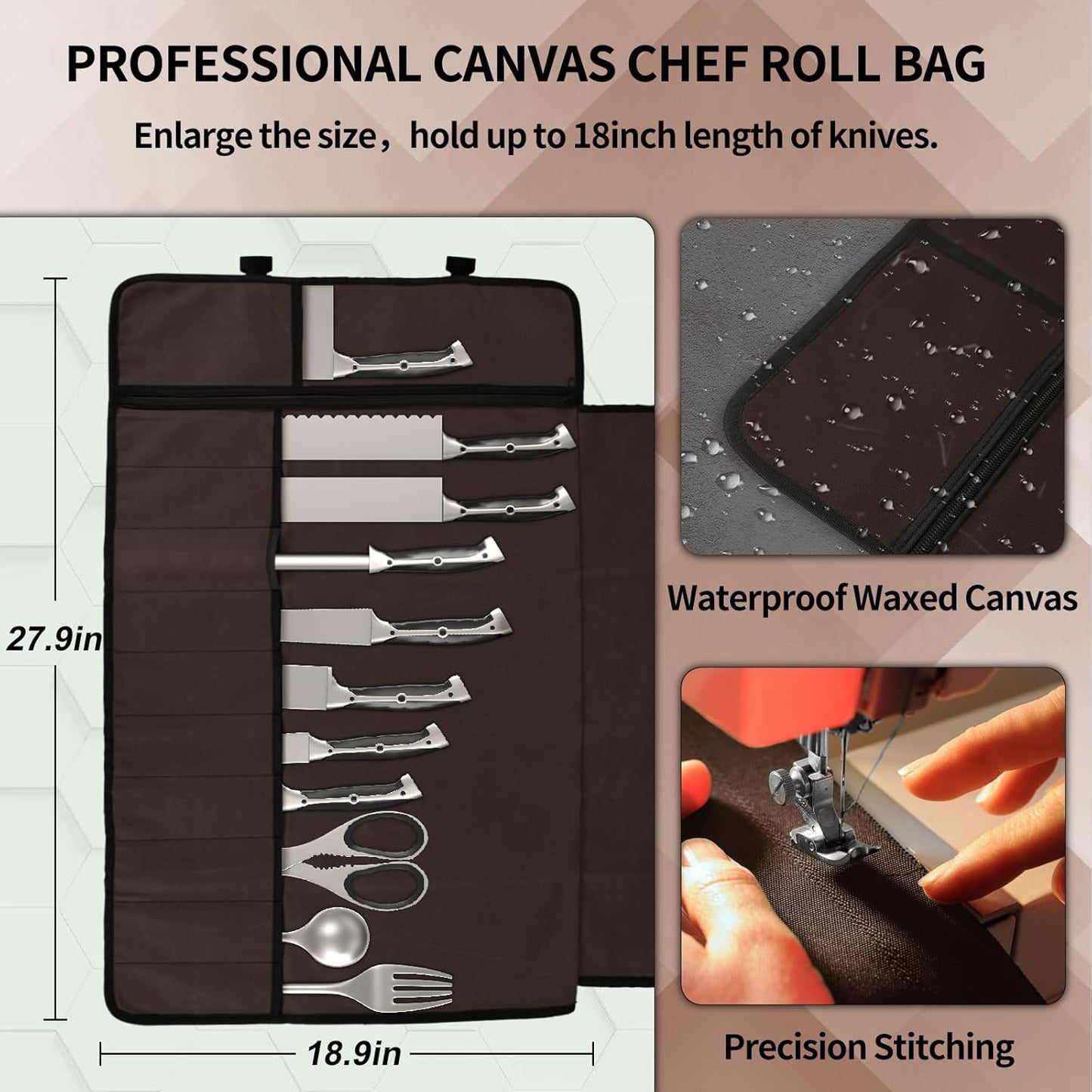Upgraded Chef Knife Roll Bag, Waterproof Waxed Canvas Knife Case Holds Size Up to 18'', Portable Knife Holder with 11 Slots for Knives with Adjustable Strap, Gift for Beginner or Pro