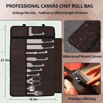 Upgraded Chef Knife Roll Bag, Waterproof Waxed Canvas Knife Case Holds Size Up to 18'', Portable Knife Holder with 11 Slots for Knives with Adjustable Strap, Gift for Beginner or Pro