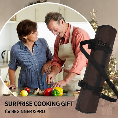 Upgraded Chef Knife Roll Bag, Waterproof Waxed Canvas Knife Case Holds Size Up to 18'', Portable Knife Holder with 11 Slots for Knives with Adjustable Strap, Gift for Beginner or Pro