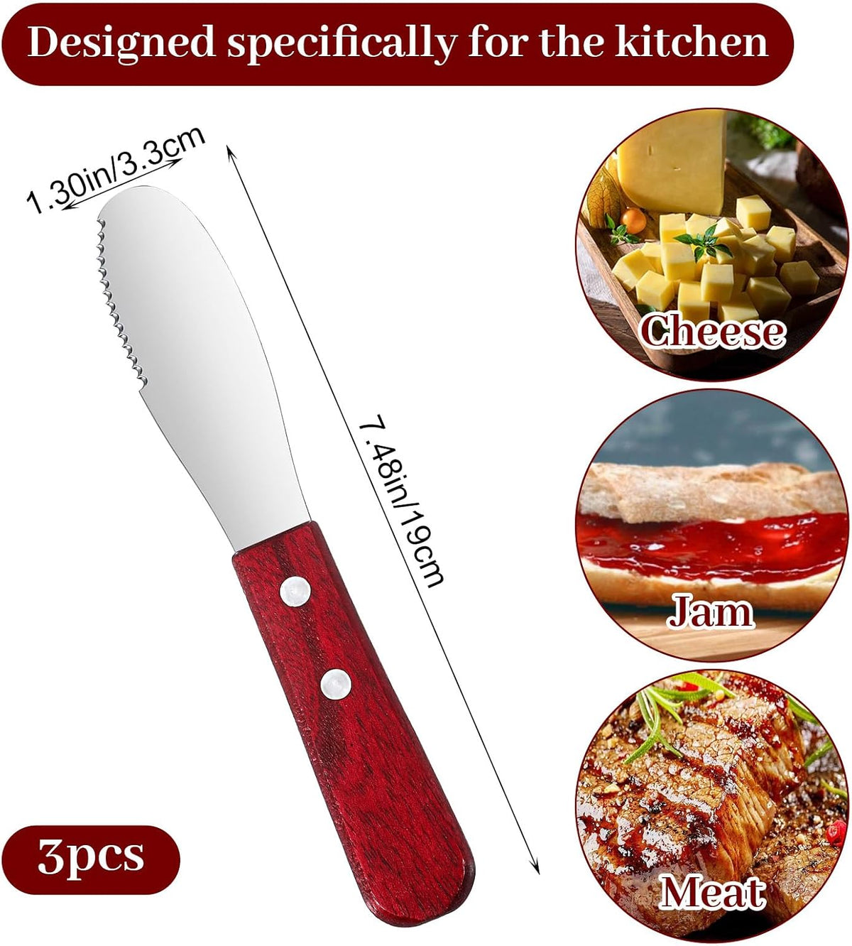 3 Pcs Butter Spreader Knives Stainless Steel Straight Edge Wide Butter Spreaders with Wood Handle for Sandwich Cream Condiment Knives Set Kitchen Tools Cooking Utensil Event Guest Serving