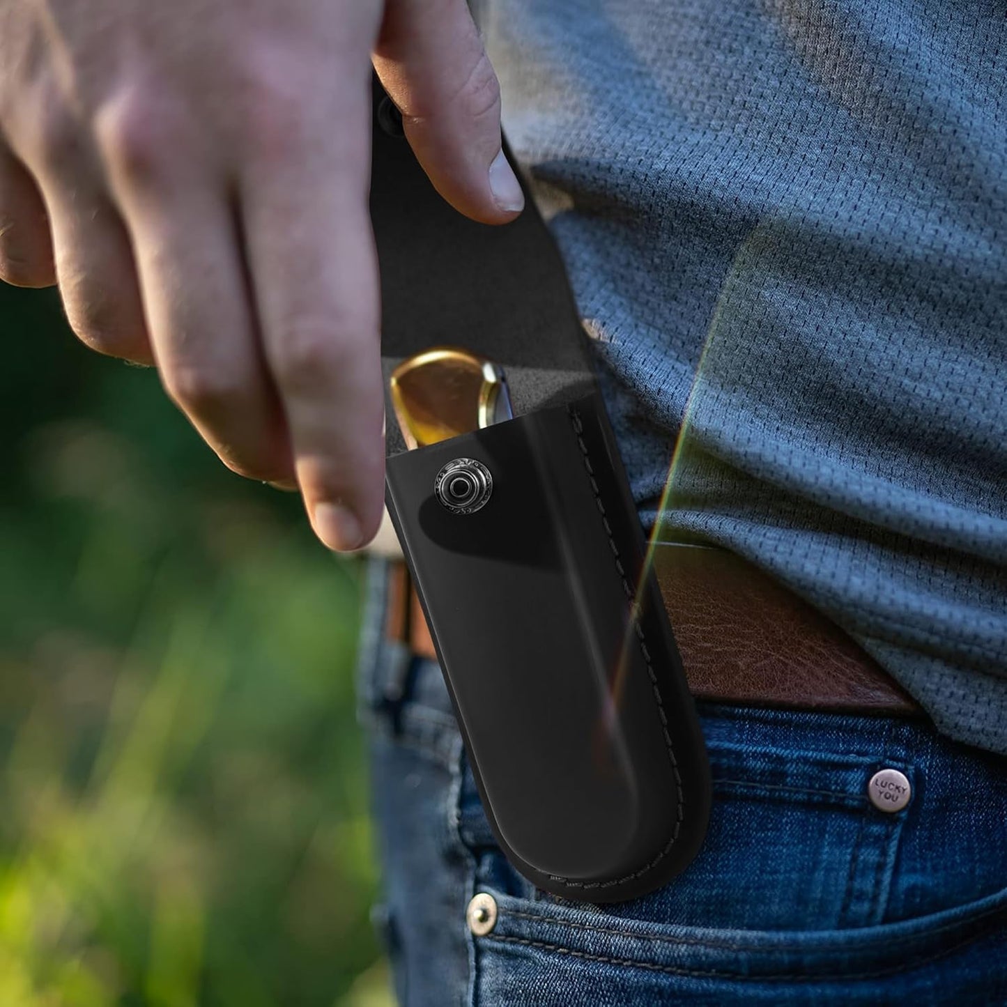 Leather Pocket Knife Sheath, 4" Folding Knife Case, Durable Multitool Holster with Snap Closure and Belt Loop, EDC Knife Pouch for Multitools, Pocket Knives, and Outdoor Activities, Black