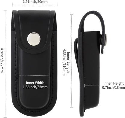 Leather Pocket Knife Sheath, 4" Folding Knife Case, Durable Multitool Holster with Snap Closure and Belt Loop, EDC Knife Pouch for Multitools, Pocket Knives, and Outdoor Activities, Black