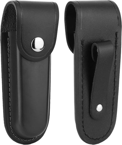 Leather Pocket Knife Sheath, 4" Folding Knife Case, Durable Multitool Holster with Snap Closure and Belt Loop, EDC Knife Pouch for Multitools, Pocket Knives, and Outdoor Activities, Black