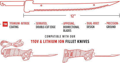E-STIFF Electric Fillet Blade with Ti-Nitride Coated Hollow Stainless Steel Non-Stick Reciprocating Construction for Fishing and Outdoors
