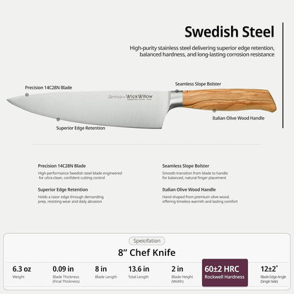 8” Chef Knife – Swedish Steel, Professional, Olive Wood | Ideal for meat, vegetables and daily prep. Hand wash only. Gift box included.