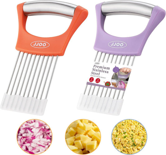 2PCS Onion Slicer Holder, Stainless Steel Onion Cutter for Slicing and Storage Onions, Tomato, Eggs and Vegetables, Protective Cover Included, Dishwasher Safe (Stylish orange+ Purple Color)