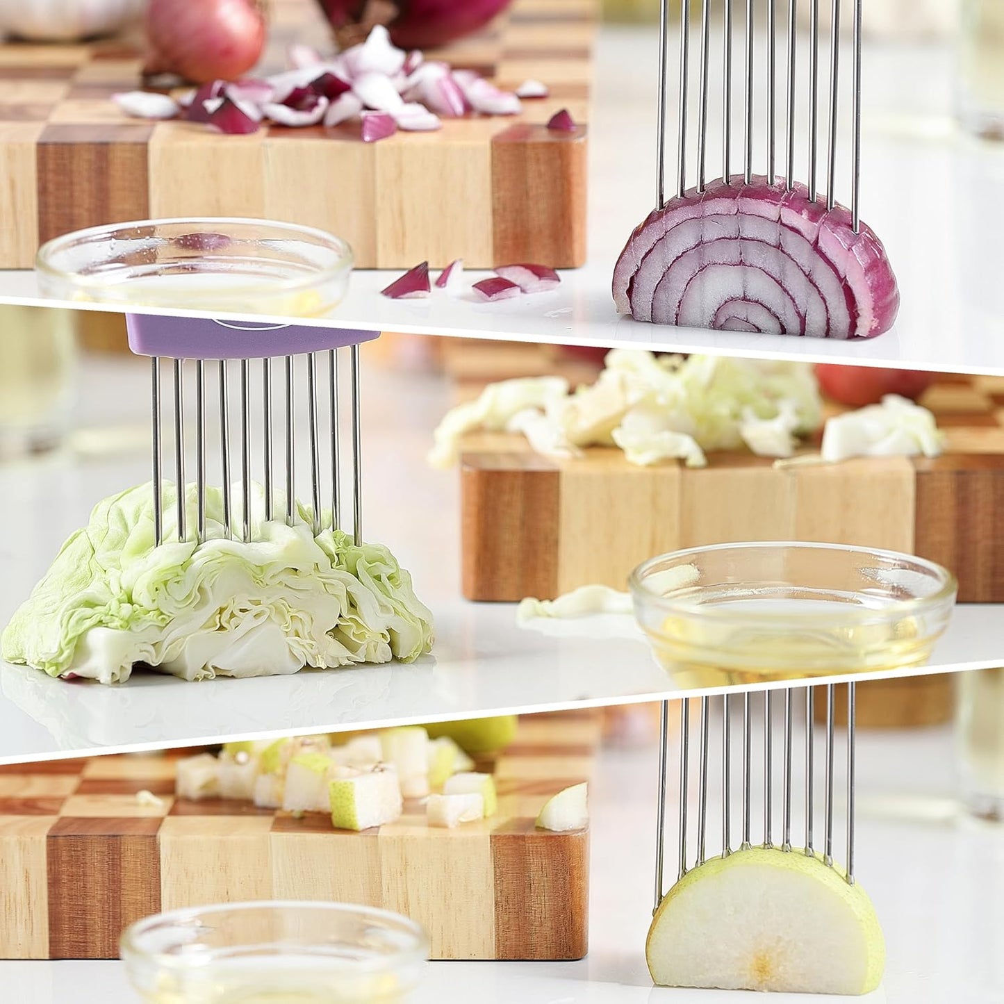 2PCS Onion Slicer Holder, Stainless Steel Onion Cutter for Slicing and Storage Onions, Tomato, Eggs and Vegetables, Protective Cover Included, Dishwasher Safe (Stylish orange+ Purple Color)