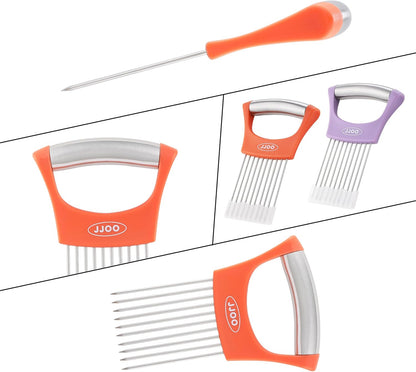 2PCS Onion Slicer Holder, Stainless Steel Onion Cutter for Slicing and Storage Onions, Tomato, Eggs and Vegetables, Protective Cover Included, Dishwasher Safe (Stylish orange+ Purple Color)