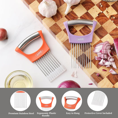 2PCS Onion Slicer Holder, Stainless Steel Onion Cutter for Slicing and Storage Onions, Tomato, Eggs and Vegetables, Protective Cover Included, Dishwasher Safe (Stylish orange+ Purple Color)