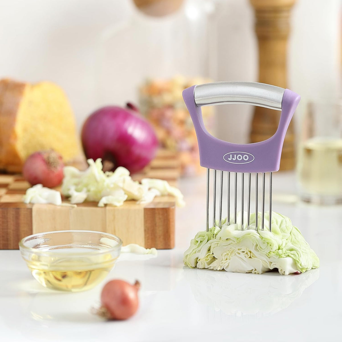 2PCS Onion Slicer Holder, Stainless Steel Onion Cutter for Slicing and Storage Onions, Tomato, Eggs and Vegetables, Protective Cover Included, Dishwasher Safe (Stylish orange+ Purple Color)