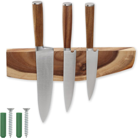 12.5 Inch Magnetic Knife Holder for Wall,Acacia Wood Knife Magnetic Strip,Knife Holder Wood Magnetic,No Drilling Knife Magnetic Strip-Strong Knife Magnet- for Kitchen Knives and Tools