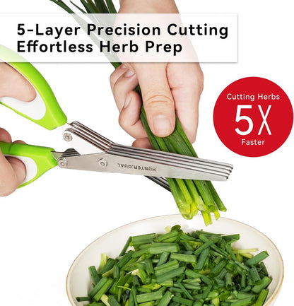 5 Blades Herb Scissors - Professional Kitchen Shears with Safety Cover for Cutting Green Onions, Fresh Herbs, Vegetables & Salad Food Prep, Must-Have Cooking Gadgets (Green, White, 8.7 inch)