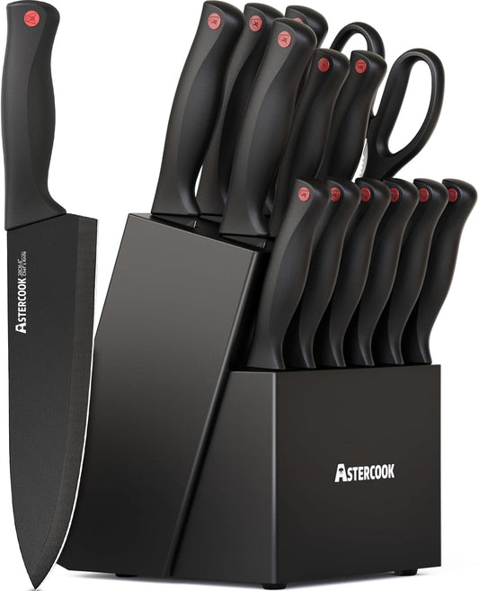 Knife Set for Kitchen with Block and Sharpener 15pcs German | Stainless Steel Kitchen Utensils Set Dishwasher Safe