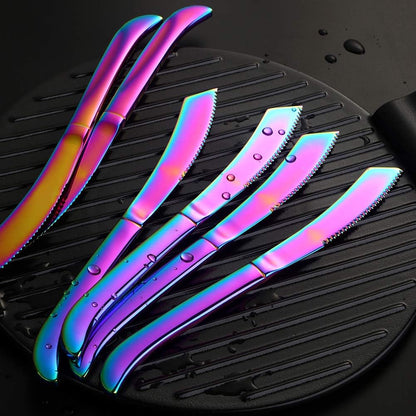 6-Pieces Rainbow Steak Knife Set, Premium Serrated Stainless Steel Kitchen Steak Knives, Flatware Utensil Silverware Sets, Dishwasher Safe