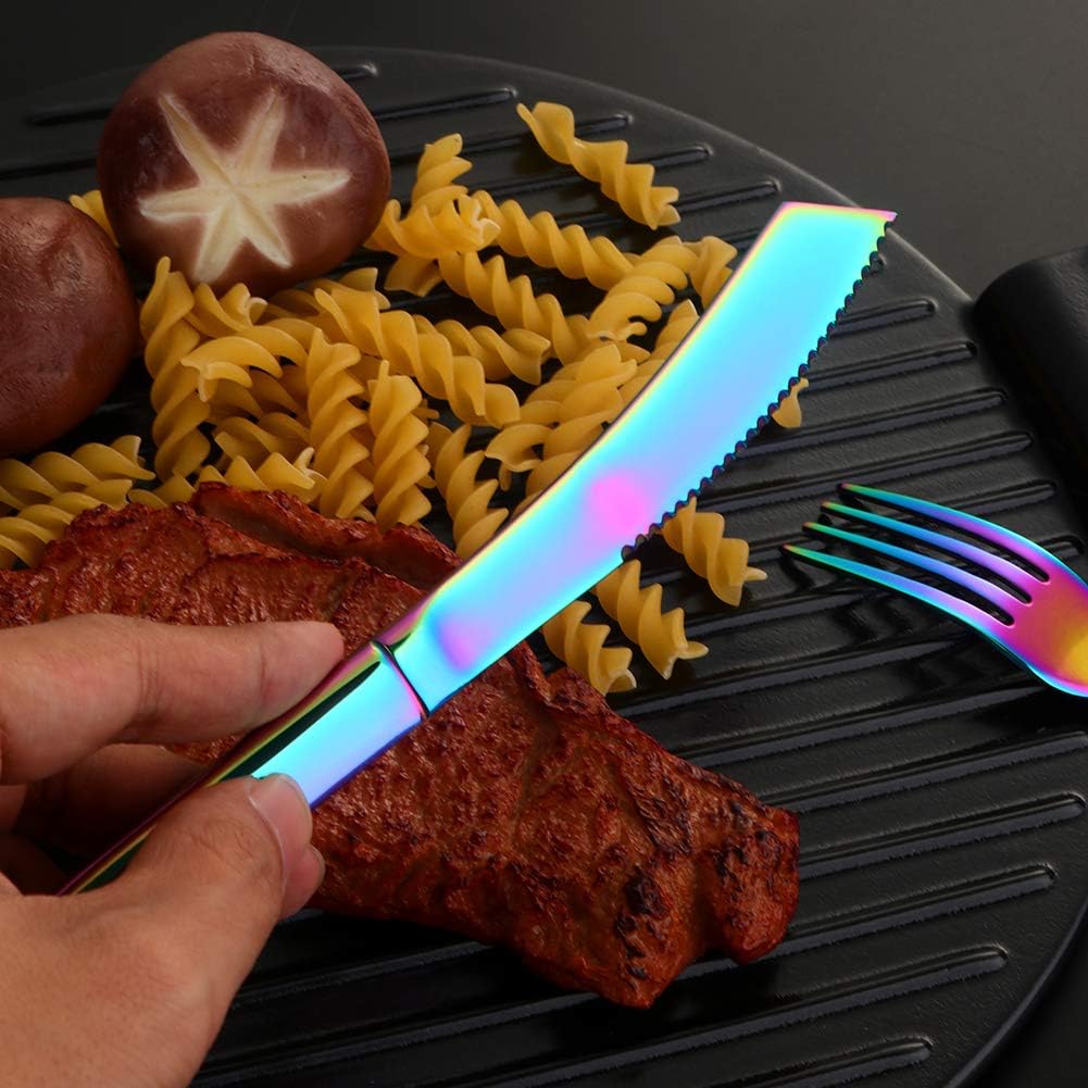6-Pieces Rainbow Steak Knife Set, Premium Serrated Stainless Steel Kitchen Steak Knives, Flatware Utensil Silverware Sets, Dishwasher Safe