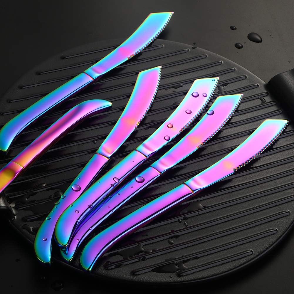 6-Pieces Rainbow Steak Knife Set, Premium Serrated Stainless Steel Kitchen Steak Knives, Flatware Utensil Silverware Sets, Dishwasher Safe