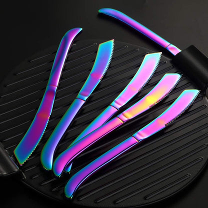6-Pieces Rainbow Steak Knife Set, Premium Serrated Stainless Steel Kitchen Steak Knives, Flatware Utensil Silverware Sets, Dishwasher Safe