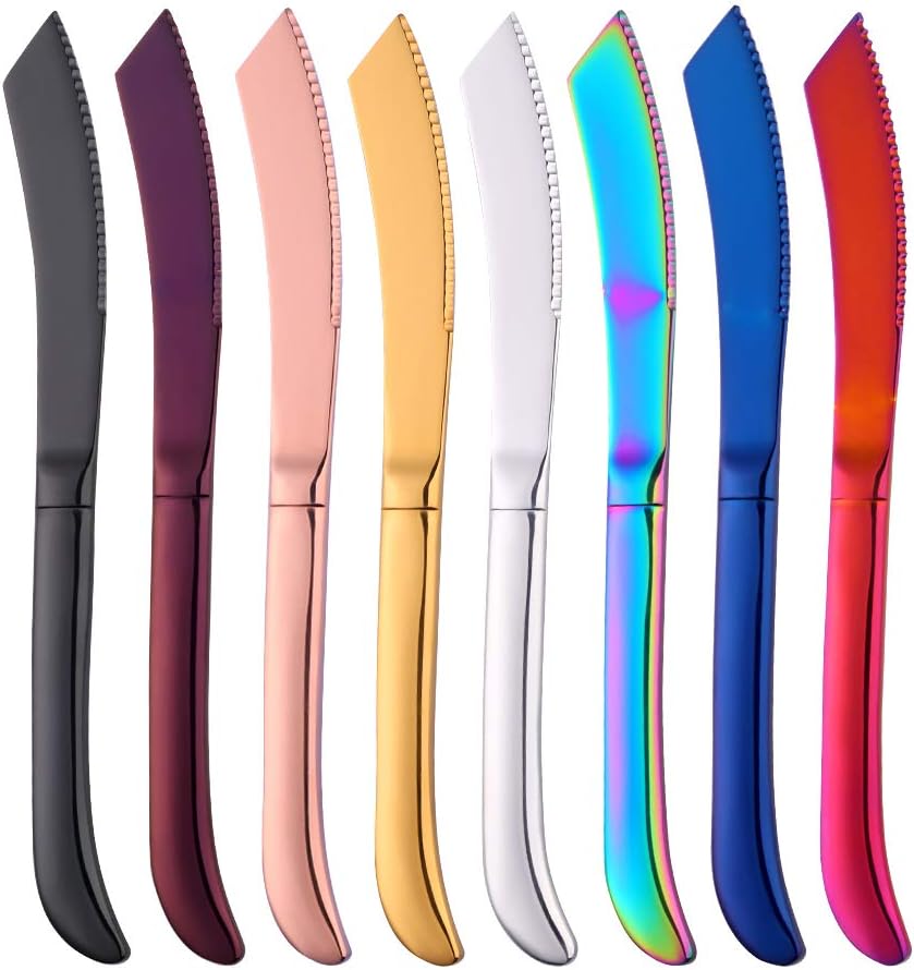 6-Pieces Rainbow Steak Knife Set, Premium Serrated Stainless Steel Kitchen Steak Knives, Flatware Utensil Silverware Sets, Dishwasher Safe
