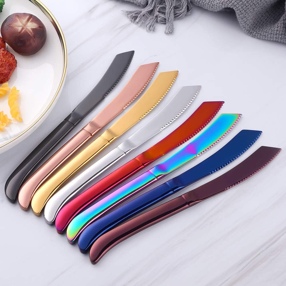 6-Pieces Rainbow Steak Knife Set, Premium Serrated Stainless Steel Kitchen Steak Knives, Flatware Utensil Silverware Sets, Dishwasher Safe