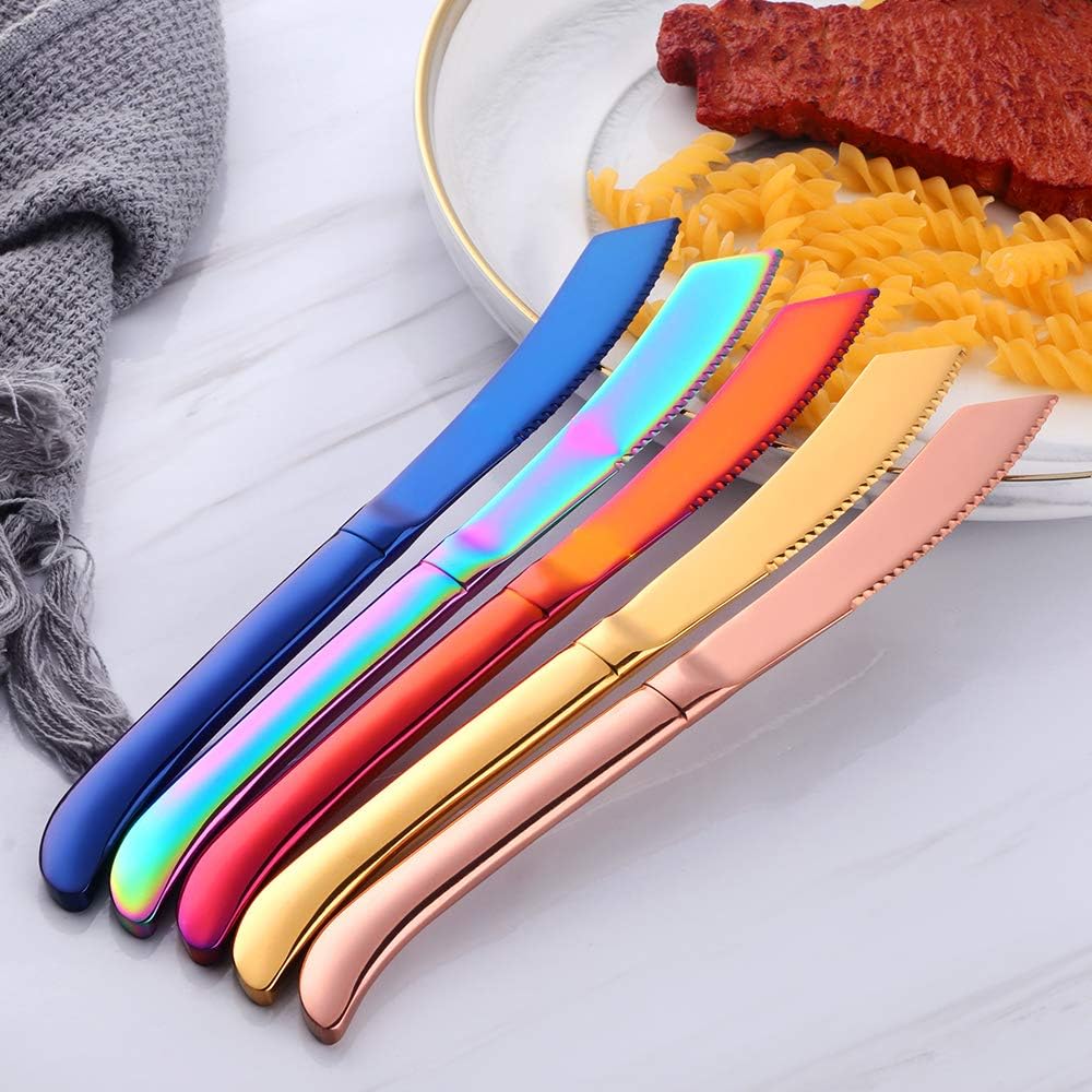 6-Pieces Rainbow Steak Knife Set, Premium Serrated Stainless Steel Kitchen Steak Knives, Flatware Utensil Silverware Sets, Dishwasher Safe