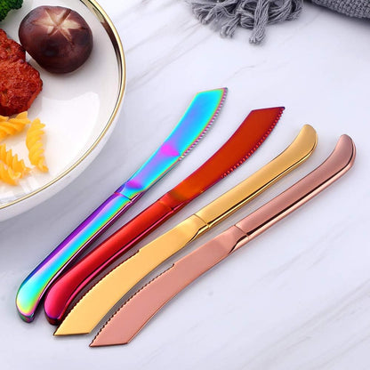 6-Pieces Rainbow Steak Knife Set, Premium Serrated Stainless Steel Kitchen Steak Knives, Flatware Utensil Silverware Sets, Dishwasher Safe