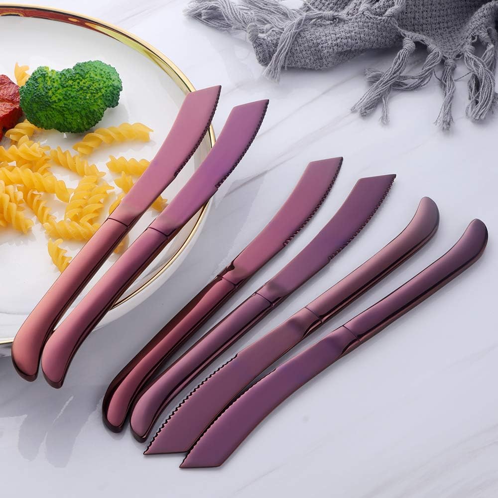 6-Pieces Rainbow Steak Knife Set, Premium Serrated Stainless Steel Kitchen Steak Knives, Flatware Utensil Silverware Sets, Dishwasher Safe