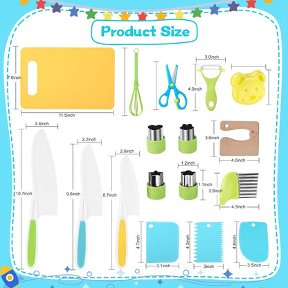9PCS Montessori Kitchen Tools Cookware Baking Toy, Kids Knife Set for Real Cooking with Cutting Boards, Crinkle Cutte, Y Peeler, Serrated Edges Plastic Toddler Knife Kid Safe Knives