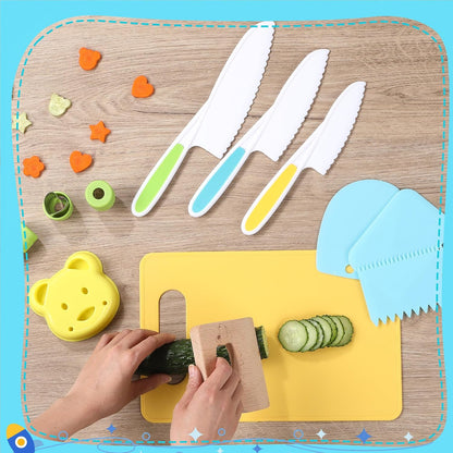 9PCS Montessori Kitchen Tools Cookware Baking Toy, Kids Knife Set for Real Cooking with Cutting Boards, Crinkle Cutte, Y Peeler, Serrated Edges Plastic Toddler Knife Kid Safe Knives