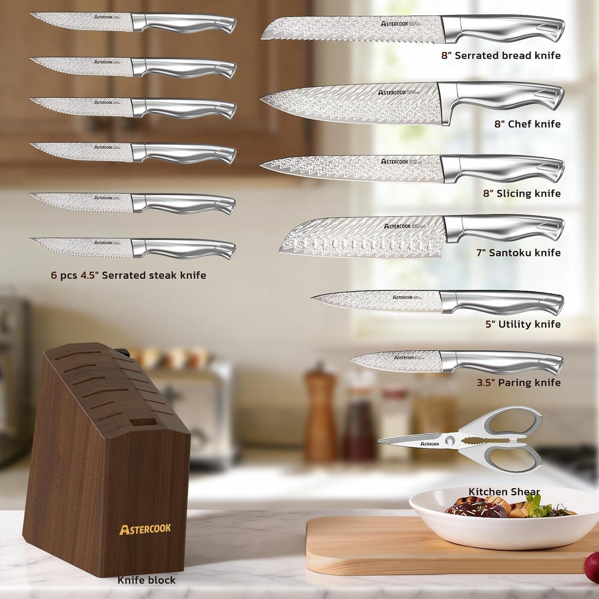 Knife Set, 15-Piece Kitchen Knife Sets with Built-in Sharpener Block, German High Carbon Stainless Steel Knives, Dishwasher Safe, Ergonomic Full-Tang Handle, Perfect Holiday Gifts