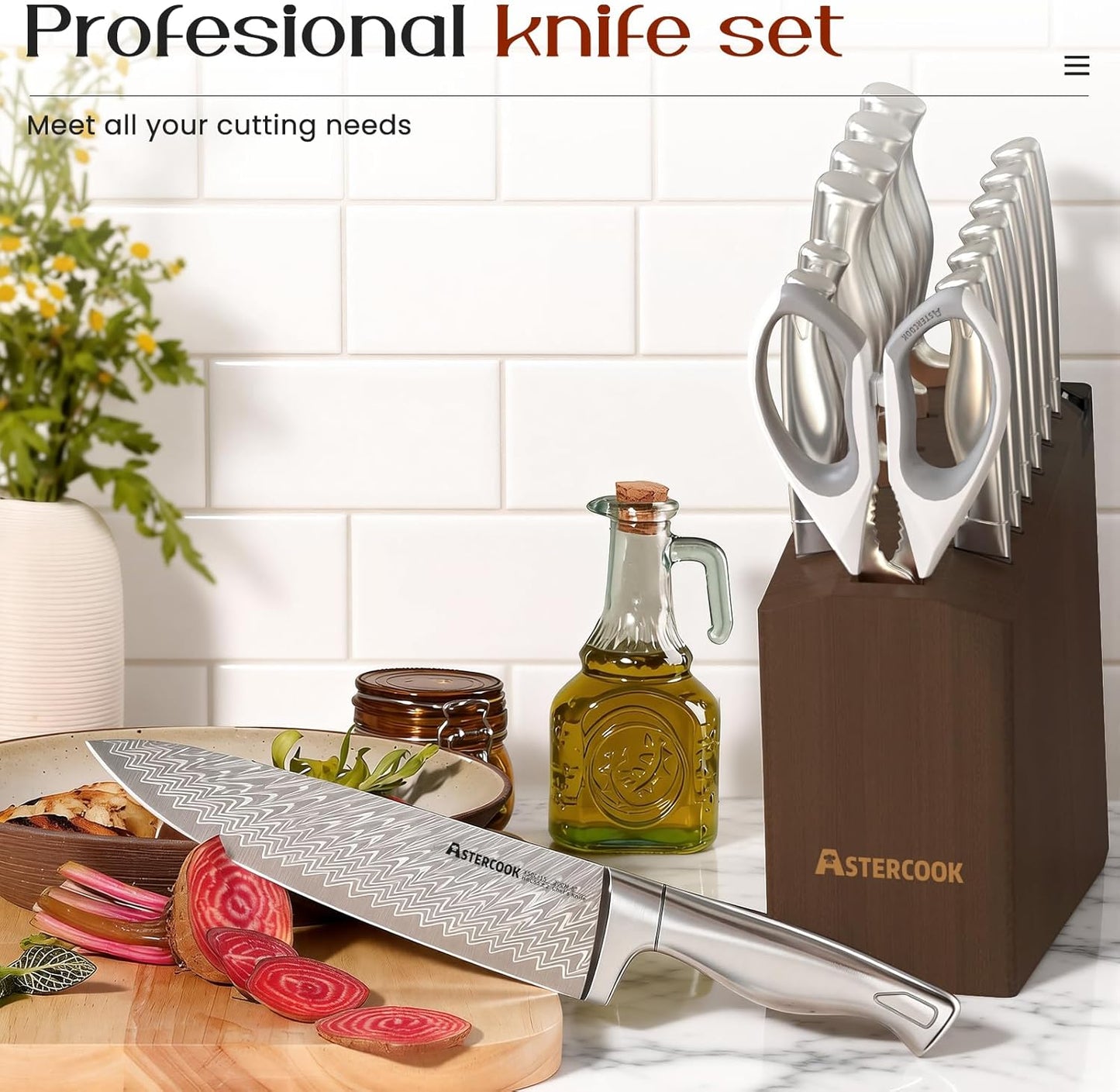 Knife Set, 15-Piece Kitchen Knife Sets with Built-in Sharpener Block, German High Carbon Stainless Steel Knives, Dishwasher Safe, Ergonomic Full-Tang Handle, Perfect Holiday Gifts