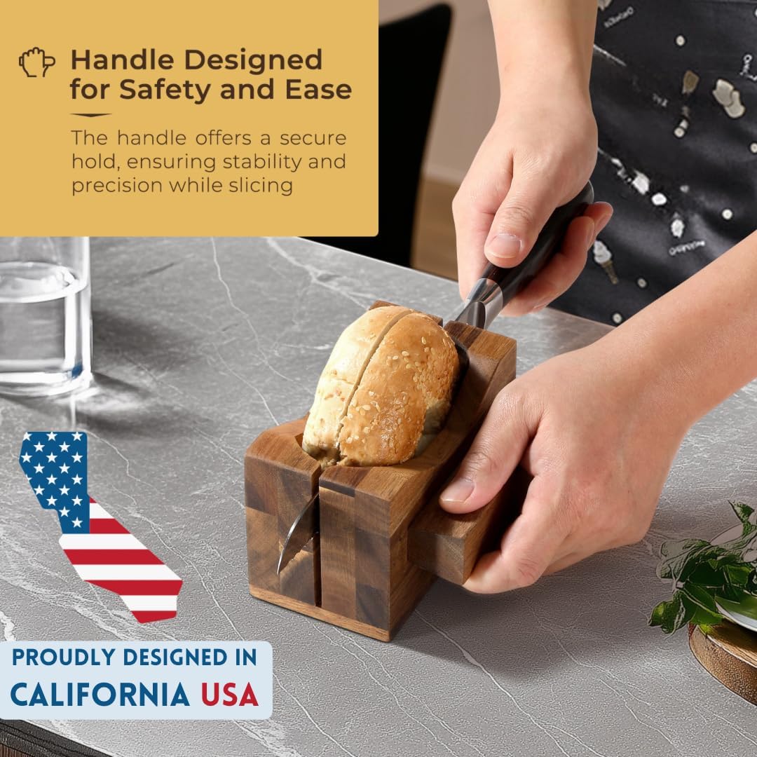 Premium Acacia Wood Bagel Slicer For Large Bagel Stylish Hand Crafted Wood Bagel Cutter With Ergonomic Designed Handle Grip