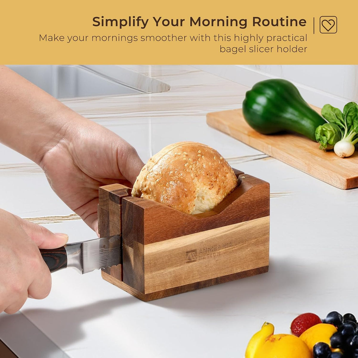 Premium Acacia Wood Bagel Slicer For Large Bagel Stylish Hand Crafted Wood Bagel Cutter With Ergonomic Designed Handle Grip