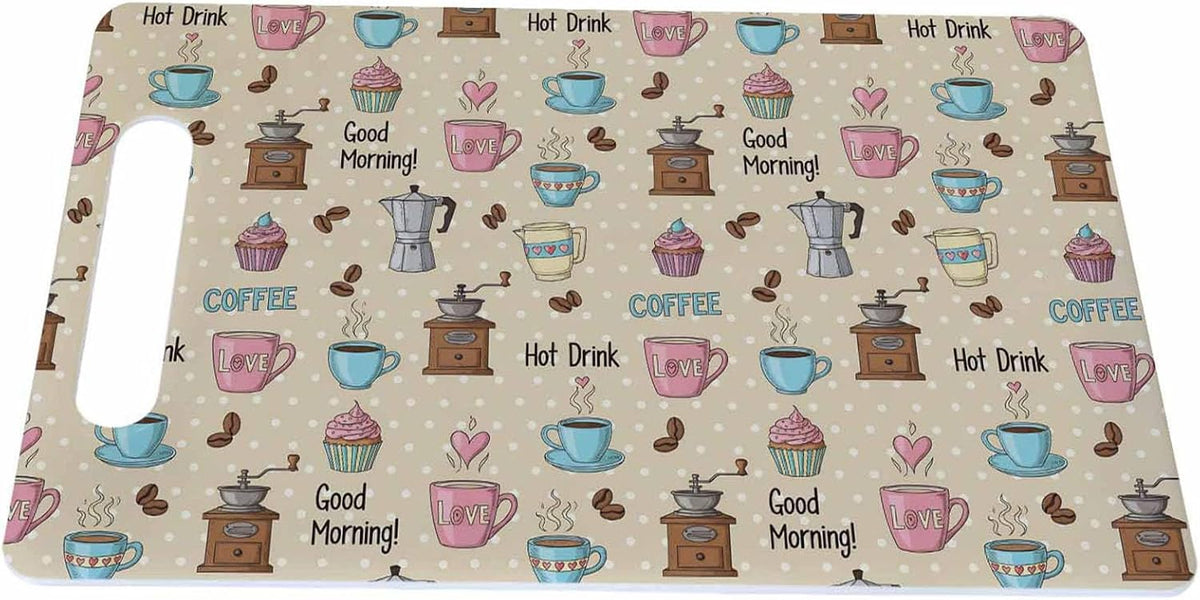 Coffee Set Cutting Board with Handles Coffee Maker Muffin Cup Flower Hot Drink Love Cutting Boards Plastic Safe Chopping Board for Kitchen 16" x 10" x 0.24"