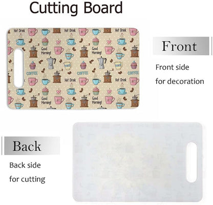 Coffee Set Cutting Board with Handles Coffee Maker Muffin Cup Flower Hot Drink Love Cutting Boards Plastic Safe Chopping Board for Kitchen 16" x 10" x 0.24"