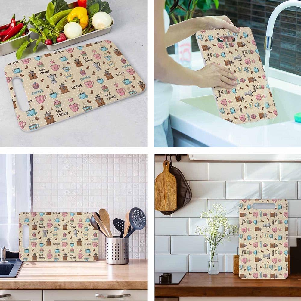 Coffee Set Cutting Board with Handles Coffee Maker Muffin Cup Flower Hot Drink Love Cutting Boards Plastic Safe Chopping Board for Kitchen 16" x 10" x 0.24"