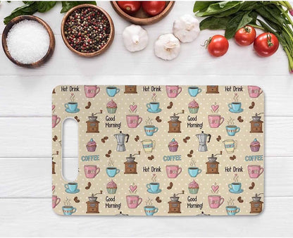 Coffee Set Cutting Board with Handles Coffee Maker Muffin Cup Flower Hot Drink Love Cutting Boards Plastic Safe Chopping Board for Kitchen 16" x 10" x 0.24"