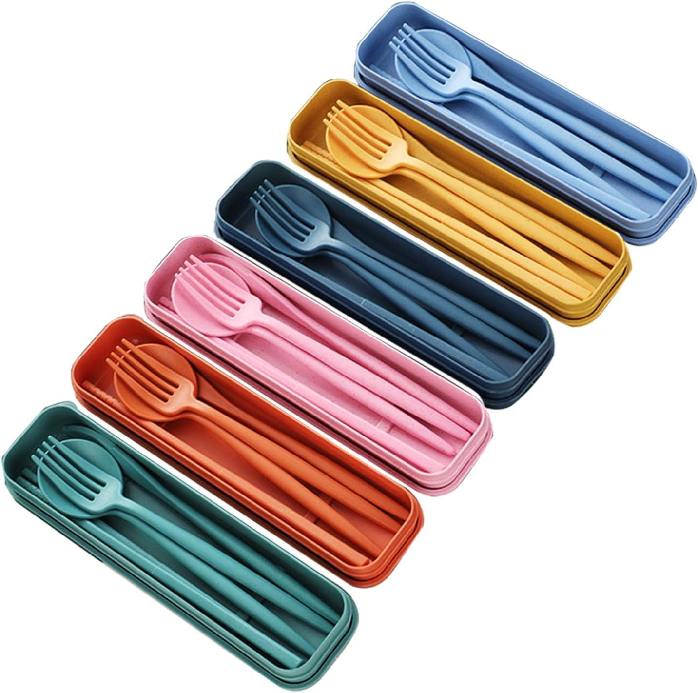 6 Pack Wheat Straw Cutlery, Portable Travel Utensils Spoon Fork Knife, Reusable Flatware Set with Case for Travel Office Lunch Camping Daily Use(6 Colors)
