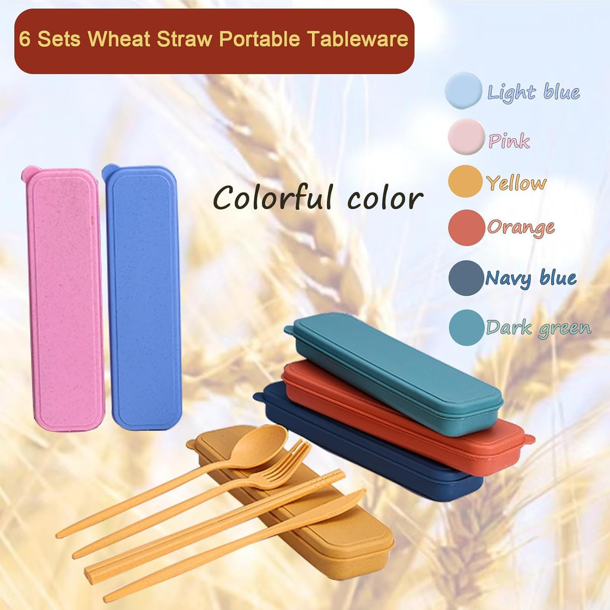 6 Pack Wheat Straw Cutlery, Portable Travel Utensils Spoon Fork Knife, Reusable Flatware Set with Case for Travel Office Lunch Camping Daily Use(6 Colors)