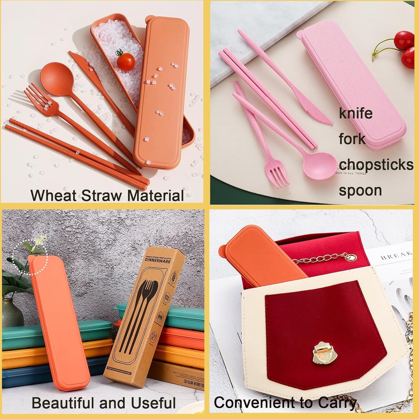 6 Pack Wheat Straw Cutlery, Portable Travel Utensils Spoon Fork Knife, Reusable Flatware Set with Case for Travel Office Lunch Camping Daily Use(6 Colors)