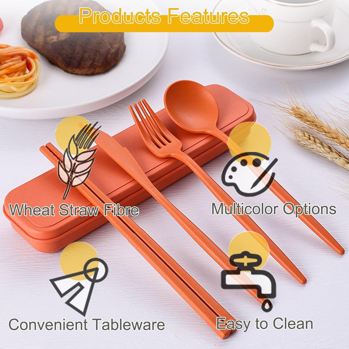 6 Pack Wheat Straw Cutlery, Portable Travel Utensils Spoon Fork Knife, Reusable Flatware Set with Case for Travel Office Lunch Camping Daily Use(6 Colors)