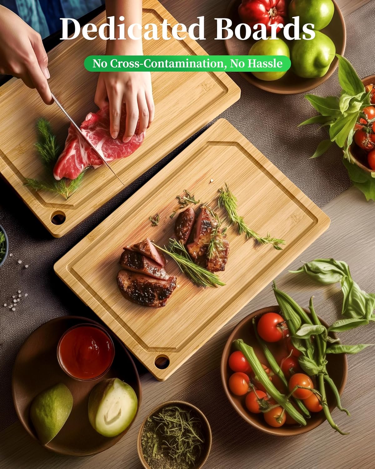 Bamboo Cutting Board - Multi-Sizes Wooden Cutting Boards for Kitchen, Convenient Kitchen Essentials with Deep Juice Grooves， Cutting Board for Chopping & Serving, Large, Natural