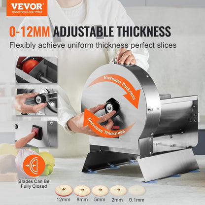 Manual Vegetable Fruit Slicer, 0-0.5"/0-12mm Thickness Adjustable Commercial Slicer Machine, Stainless Steel Food Cutter Slicing Machine with 2 Spare Blades, for Potato, Cucumber, Lemon, Tomato