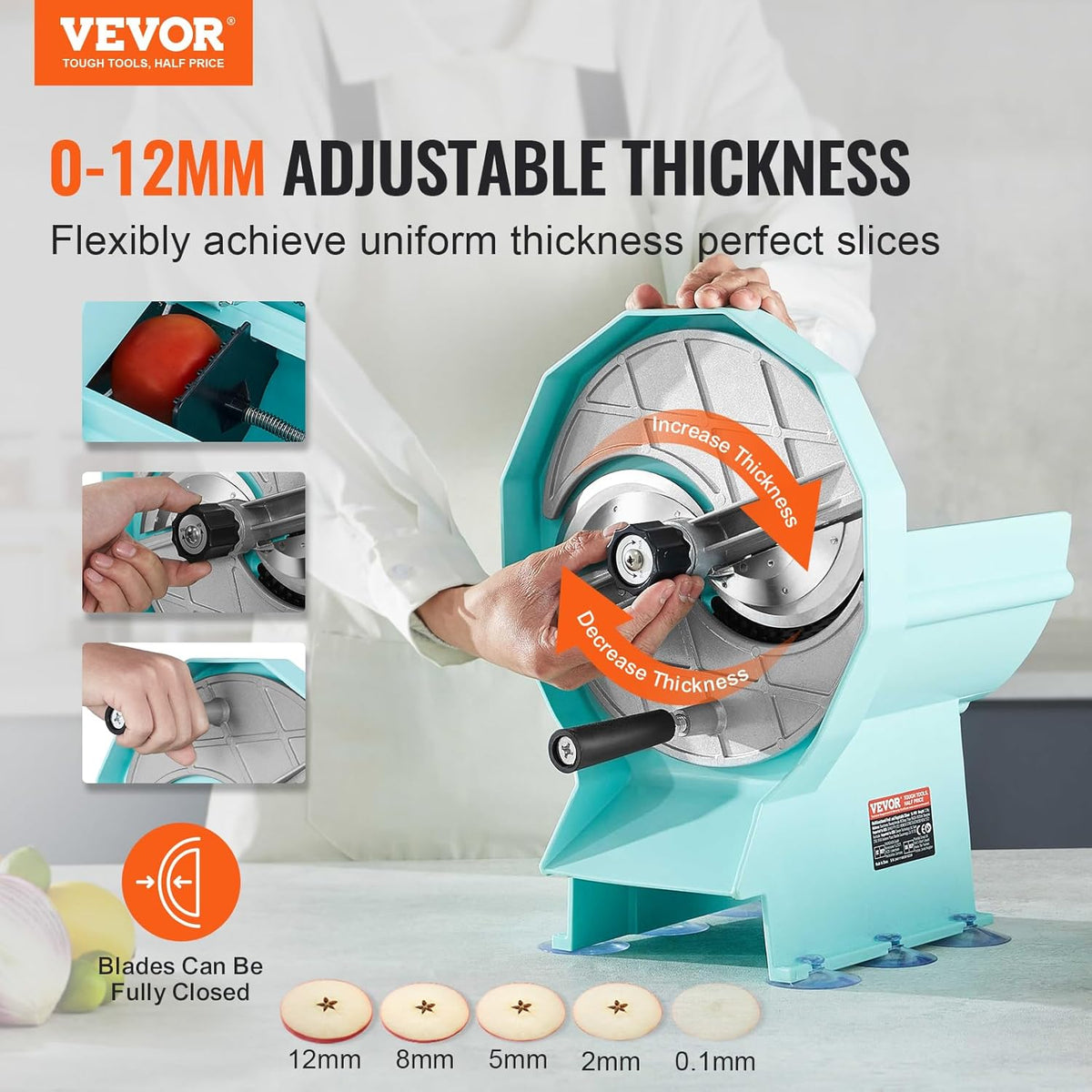 Manual Vegetable Fruit Slicer, 0-0.5"/0-12mm Thickness Adjustable Commercial Slicer Machine, Stainless Steel Food Cutter Slicing Machine with 2 Spare Blades, for Potato, Cucumber, Lemon, Tomato