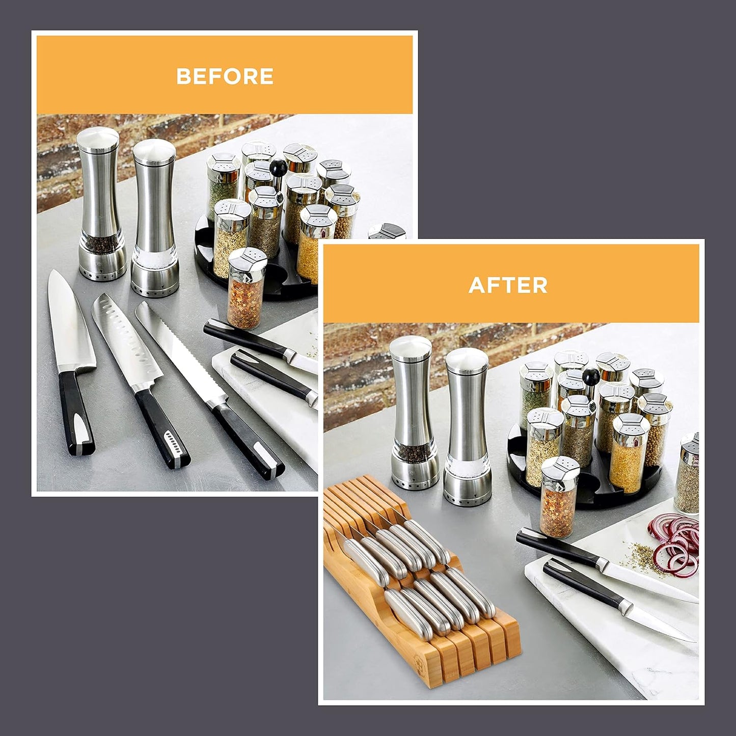 Knife Drawer Organizer - Bamboo Wood In-Drawer Knife Block Holder for Kitchen Drawer, 16 Slot Blade Down Knife Organizer Insert, Fits Chef & Steak Knives, Standard Drawer (Knives Not Included)